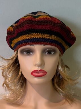 Vintage Unbranded Crochet Chevron Beret Slouchy Hat Multicolor - Handmade